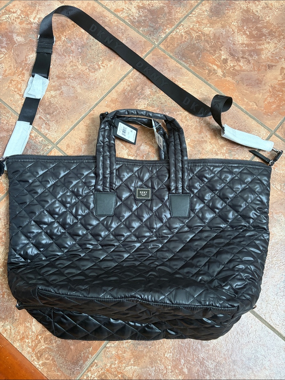 DKNY Black Quilted Tote with Detachable Logo Strap